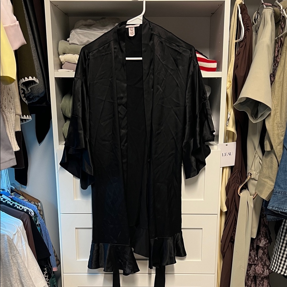 Victoria's Secret Black Satin Robe with Ruffle Trim